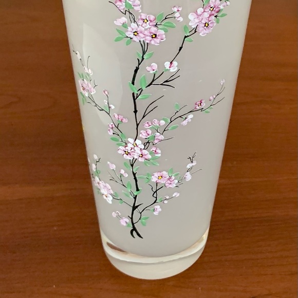 Milky White Sanded Art Glass Vase & Candle Bowl Set Handpainted Cherry Blossom - Picture 2 of 9